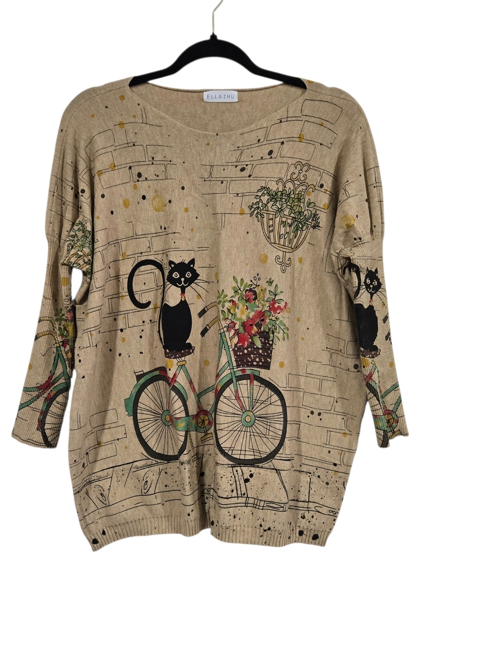 ELLAZHU Whimsical Beige Cat & Bicycle Soft Wool Blend Sweater 3/4 Sleeves OS